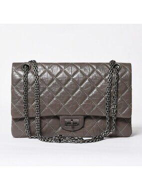Chanel 2.55 Double Flap Chain Shoulder Bag CC Logo Aged Calfskin Greige